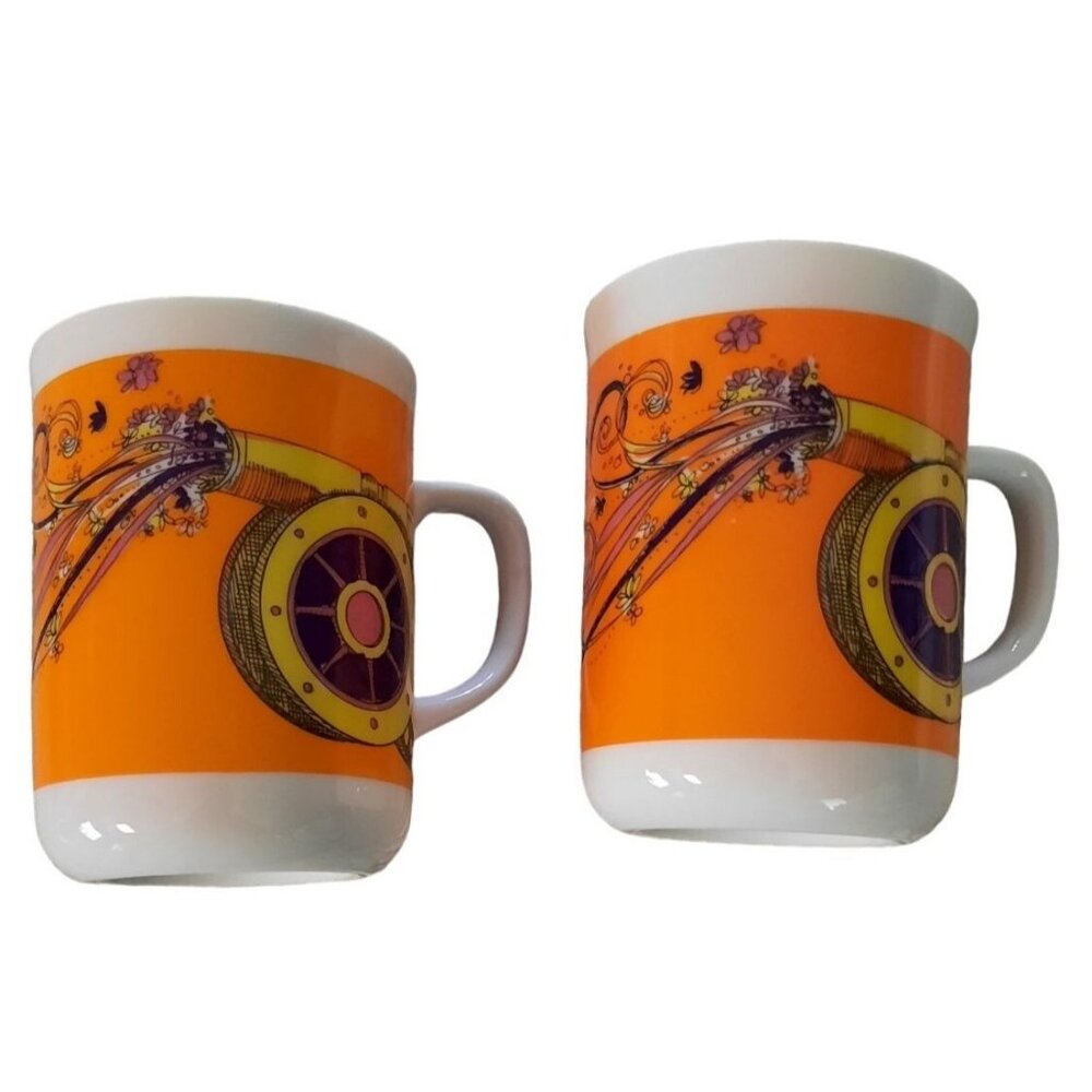 Vintage Japanese Ceramic Coffee Mug Set - Vibrant‎ Orange & Floral Design